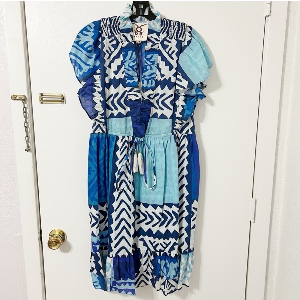 Figue Denissa NWT RARE Ruffle Tassel Drawstring Abstract Print Mini Dress Summer - Picture 6 of 15